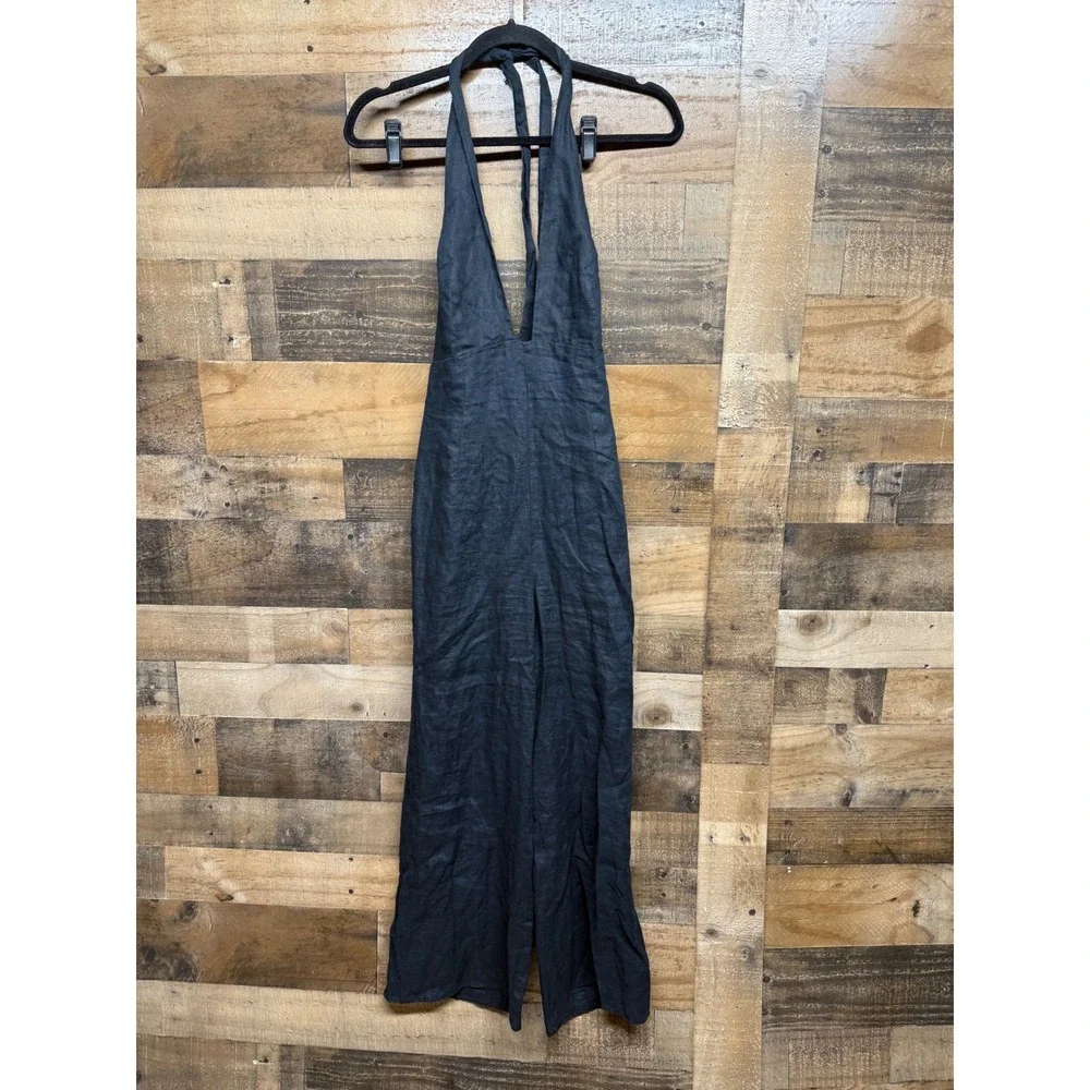 Wilfred Aritzia Black Linen Halter Wide Leg Jumpsuit‎ Size 4 Open Back 67858